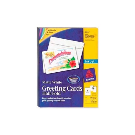 Avery Avery Half-Fold Greeting Card with Envelope, 8-1/2" x 5-1/2", Matte, White, 30 Sheets/Pack 8316